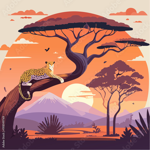 Leopard resting on a tree branch in a vibrant African savanna sunset landscape