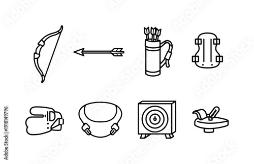 Archery equipment: recurve bow, arrow, quiver, arm guard, finger tab, bow stringer, target block, arrow rest