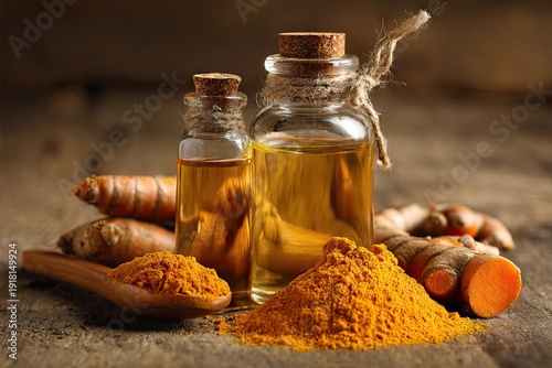 Bottles of golden liquid and spice on a weathered wooden surface