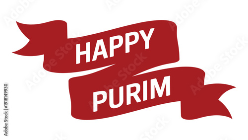 Happy Purim Red Ribbon Banner Typography Design Isolated on White Background for Jewish Festival Greeting Card and Celebration