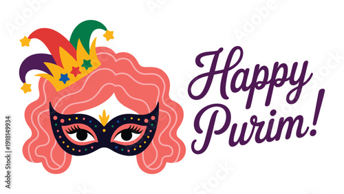 Happy Purim Greeting Card Design with Carnival Mask and Jester Hat Illustration for Jewish Festival Celebration Isolated on White