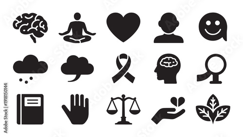 Mental Health Icons Set with Brain, Meditation, Heart and Balance Symbols