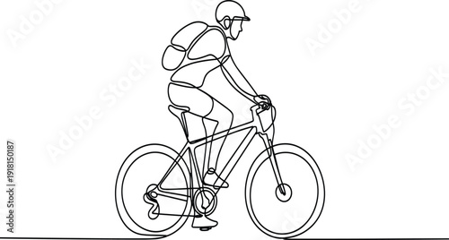 Person Riding a Bicycle with a Backpack in a Line cycling rider 1 helmet