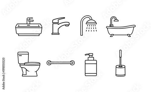 Home bathroom fixtures set: washbasin, faucet, shower head, bathtub, toilet bowl, towel bar, soap dispenser, toilet brush