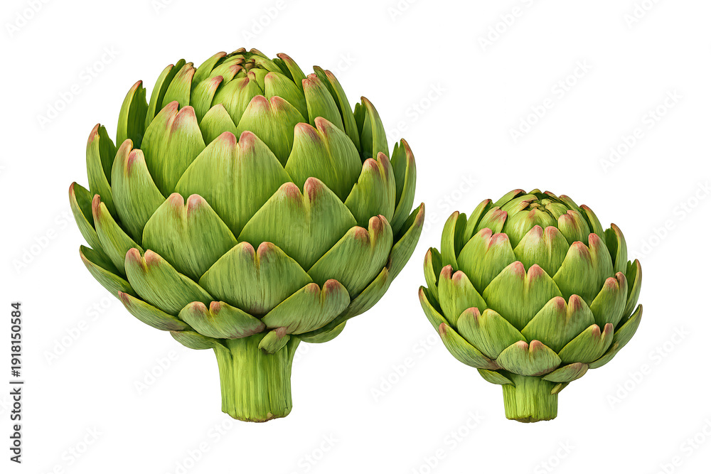 Fototapeta premium Artichoke buds showing their green leaves and stem, offering healthy eating and organic food concepts. Transparent background