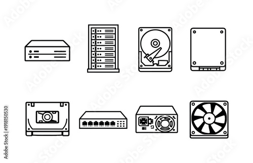 Data storage hardware in linear style: server, server rack, hard drive, solid state drive, tape cartridge, network switch, power supply, cooling fan