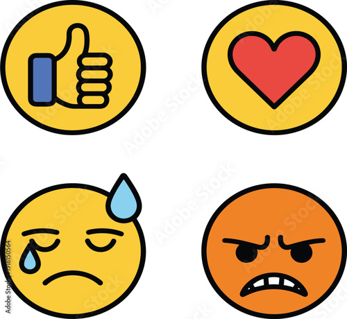 Cartoon emoji vector icon set, colorful social media reaction stickers with heart, thumbs up, and sad face