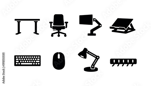 Office ergonomic workstation setup icon set showing adjustable desk, office chair, monitor arm, laptop stand, keyboard, mouse, desk lamp, cable