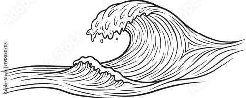 Dynamic Black and White Illustration of a Crashing Ocean Wave water surf