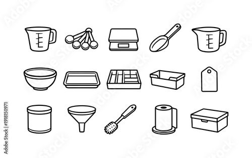 Home kitchen measuring essentials: measuring cup, measuring spoon, kitchen scale, scoop spoon, liquid jug, mixing bowl, tray, drawer organizer, shelf