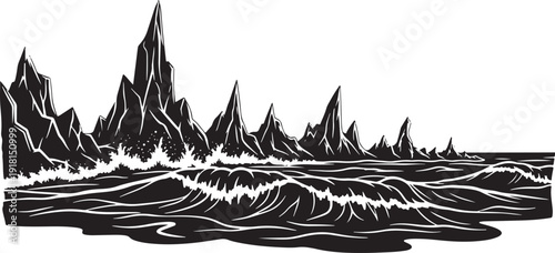 Jagged Mountain Peaks and Crashing Waves Silhouette mountains sharp