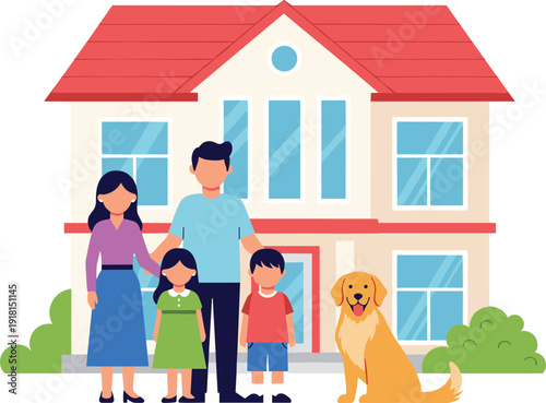 Happy family standing in front of home with dog suburban house lifestyle flat vector illustration