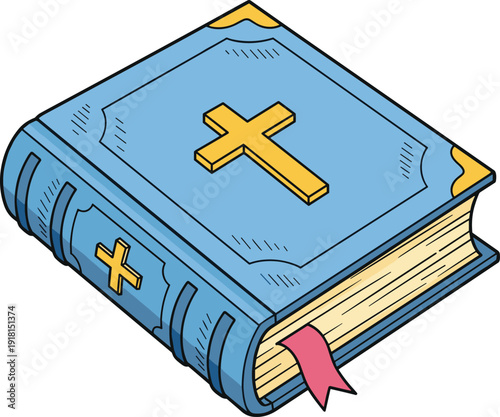 Holy Bible book with golden cross Christian religion faith education cartoon vector illustration style, flavector