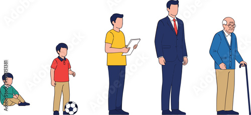 Human life stages growth concept, male aging process from child to senior, flat vector illustration