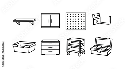 Home garage storage hardware: wall shelf, storage cabinet, pegboard panel, tool hook, plastic bin, drawer unit, rolling cart, parts box