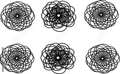 Abstract geometric spiral flower pattern collection circular ornamental design vector illustration isolated decorative elements set