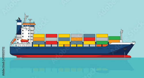 Large cargo ship sailing with colorful containers, maritime transport, global trade logistics, ocean shipping illustration - flavector