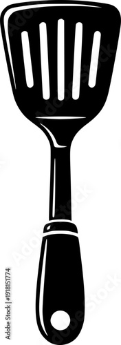 A sleek black spatula with ventilation slots and a hanging hole on a white backdrop
