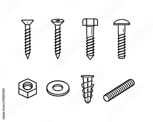 Home carpentry fasteners: wood screw, deck screw, lag bolt, carriage bolt, hex nut, flat washer, drywall anchor, threaded rod