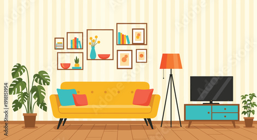 Modern colorful living room interior with yellow sofa, vibrant cushions, plants, decor, stylish furniture - flavector