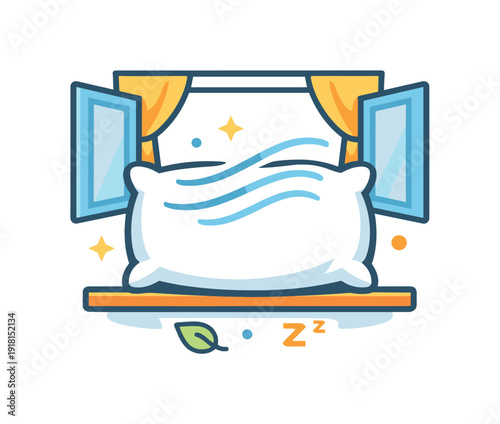 Calm daily routine of airing bedding and caring for sleep comfort in ordinary home life, a pillow paired with gentle airflow lines representing