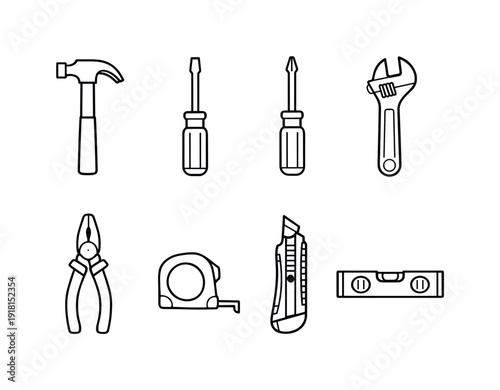 Home repair hand tools: claw hammer, flathead screwdriver, Phillips screwdriver, adjustable wrench, pliers, tape measure, utility knife, spirit level