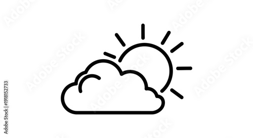 Simple Line Art Icon of a Cloud with a Bright Sun, Symbolizing Clear and Sunny Weather, Isolated White Background.