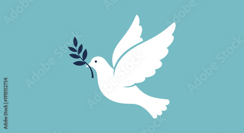 White Dove Flying with Olive Branch Symbolizing Peace on a Tranquil Blue Background