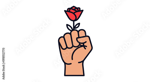 Human Hand Holding Red Rose in a Fist, Symbolizing Solidarity and Strength, Isolated White Background.