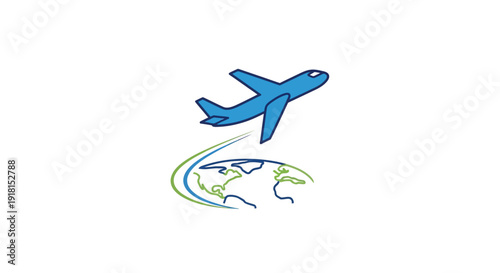 Blue Airplane Flying Above Globe with Green Lines, Symbolizing Eco-Friendly Global Travel, isolated white background