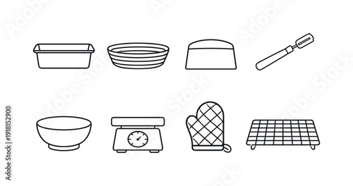 Kitchen bread baking tools: bread pan, proofing basket, dough scraper, lame knife, mixing bowl, kitchen scale, oven mitt, cooling rack
