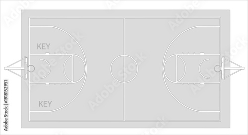 Detailed Top View Outline of a Basketball Court Layout on Grey Background