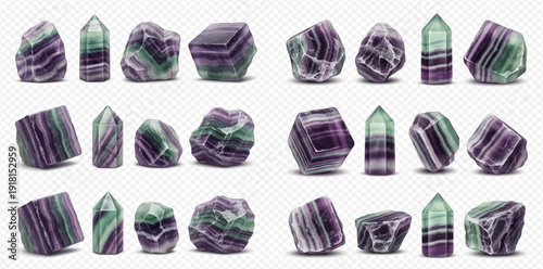 Fluorite crystals and raw stones collection, natural mineral specimens for healing and decoration.