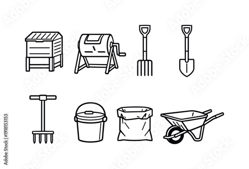 Outdoor garden compost tools: compost bin, compost tumbler, pitchfork, garden shovel, aeration tool, compost caddy, liner bag, wheelbarrow