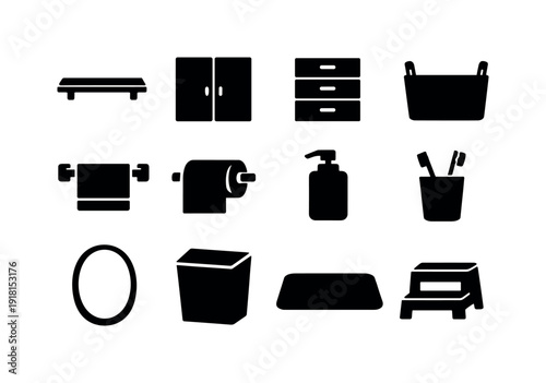 Home bathroom storage items: wall shelf, cabinet, drawer unit, storage basket, towel rack, toilet paper holder, soap dispenser, toothbrush cup, mirror