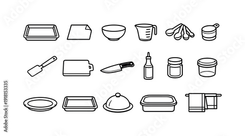 Home roasted sweet potato wedges tools icon set showing baking tray, parchment paper, mixing bowl, measuring cup, measuring spoon, spatula, cutting