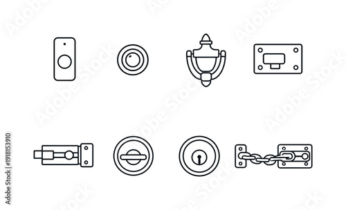 Home entry hardware: doorbell, peephole, door knocker, strike plate, latch bolt, deadbolt, key cylinder, door chain
