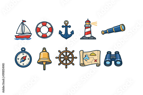 Nautical and marine navigation icon set, sailing, lighthouse, anchor, sea travel