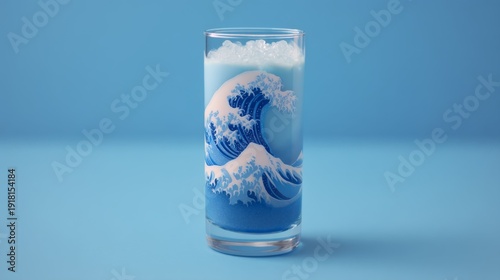 Wallpaper Mural Decorative glass featuring ocean wave design with blue drink, contrasting against a light blue background, showcasing artistic beverage presentation Torontodigital.ca
