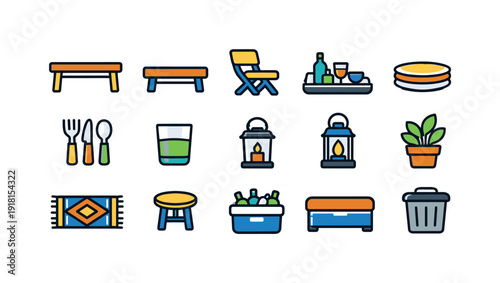 Urban co-living shared rooftop evening dining items: dining table, bench seat, folding chair, serving tray, plate stack, cutlery set, glass tumbler