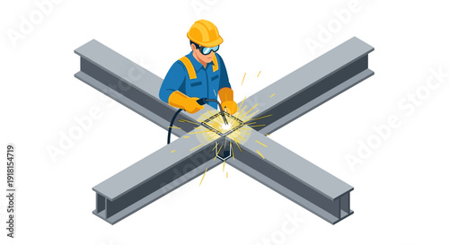 Construction Worker Welding Steel Beams Together.