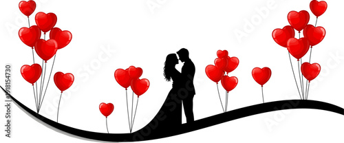 Romantic silhouette of a loving couple embracing surrounded by red heart balloons