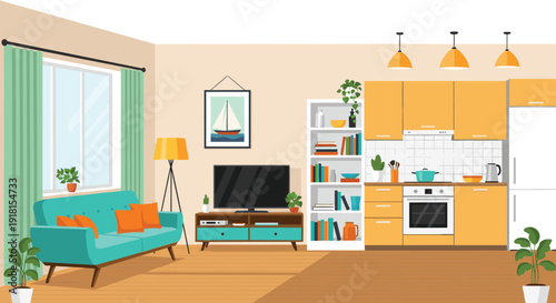 Modern cozy living room and kitchen interior with sofa, plants, furniture, and warm atmosphere design - flavector