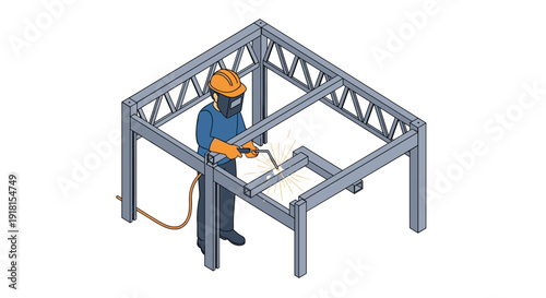 Construction Worker Welding Metal Frame Structure.