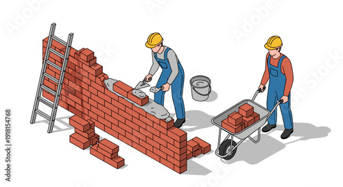 Construction Workers Building Brick Wall.