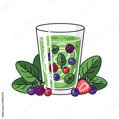 Refreshing Green Smoothie Illustration with Berries and Spinach for Healthy Lifestyle