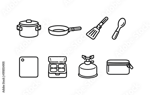 Camping cooking utensils: camping pot, camping pan, folding spatula, camping spoon, cutting board, spice container, fuel canister, storage pouch