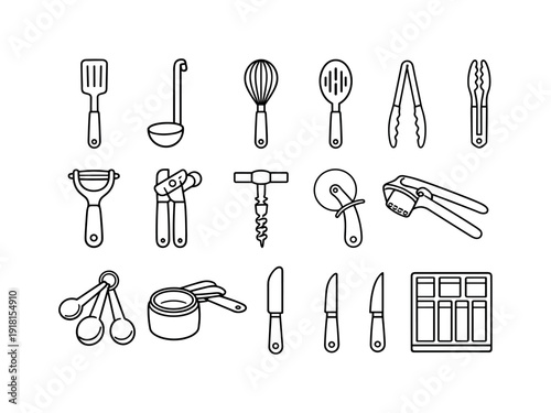 Home kitchen utensil drawer set: spatula, ladle, whisk, slotted spoon, tongs, peeler, can opener, corkscrew, pizza cutter, garlic press, measuring