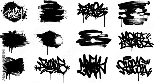 Dynamic Black Graffiti Elements and Spray Paint Strokes on Clean White Background