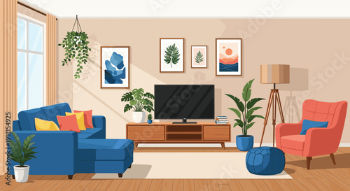 Modern cozy living room interior with sofa television plants, stylish home decor furniture, flat vector illustration